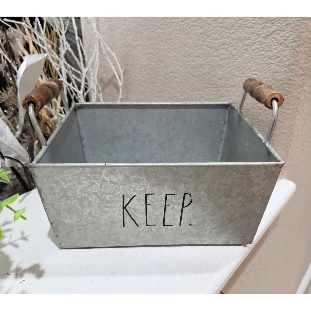 Rae Dunn Galvanized Metal Storage Bin Basket KEEP with Wood Handles Farmhouse